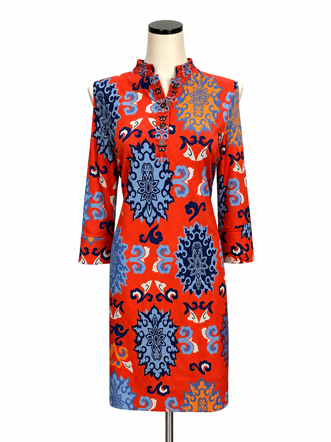 Gretchen Scott Orange &amp; Blue Geometric Print 3/4 Sleeve Tunic Dress Size Medium