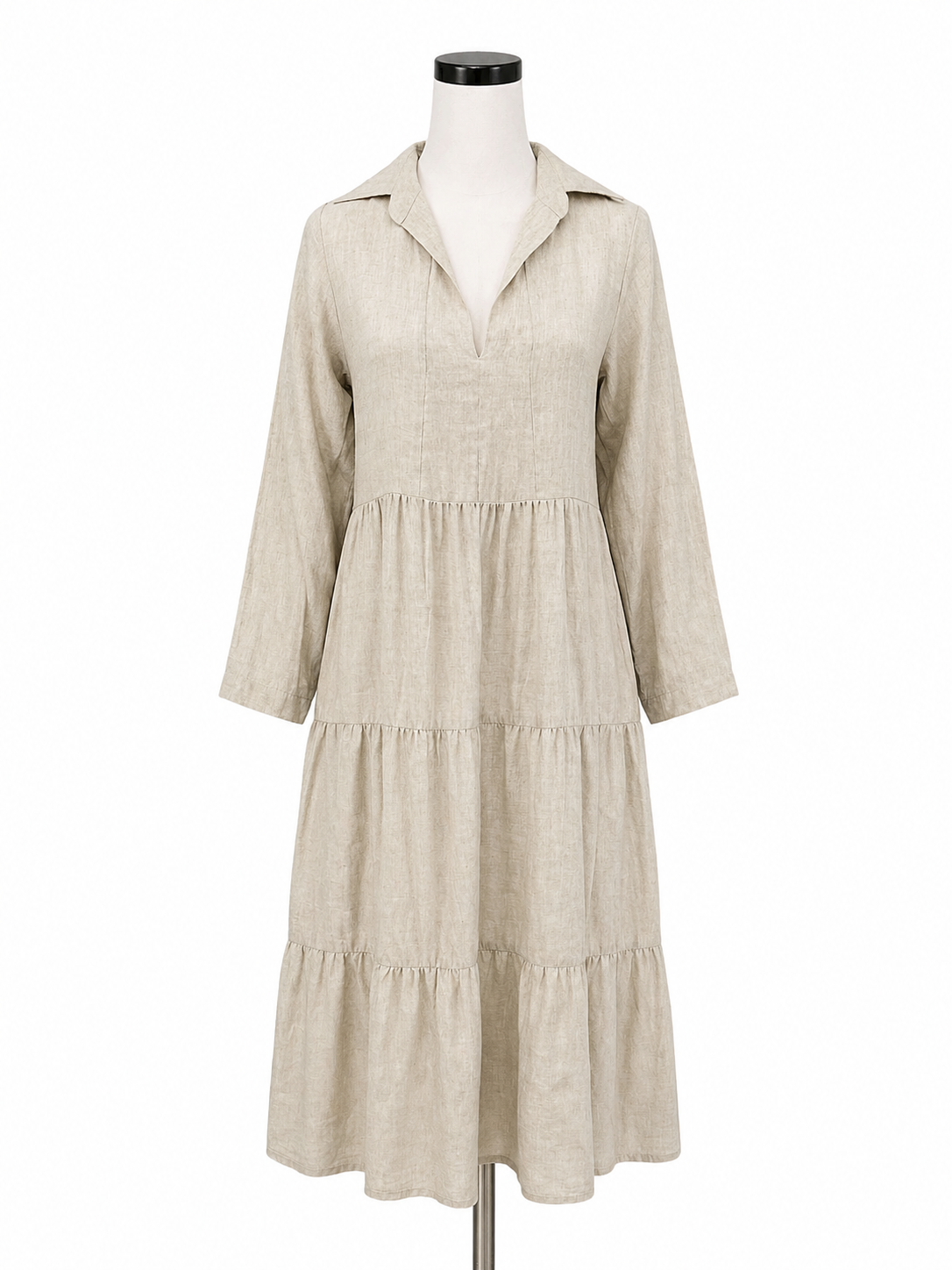 LJC Designs Beige Linen Tiered Long Sleeve Midi Dress Size Small