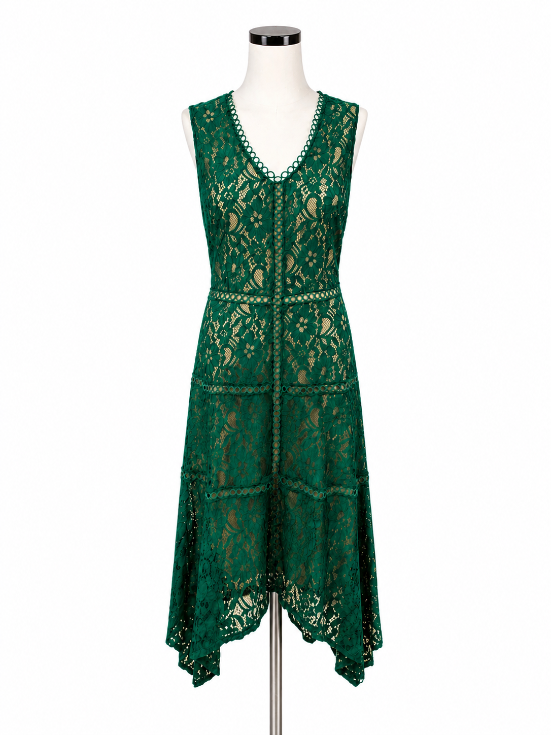 Taylor Green Floral Lace V-Neck Handkerchief Hem Midi Dress Size 12