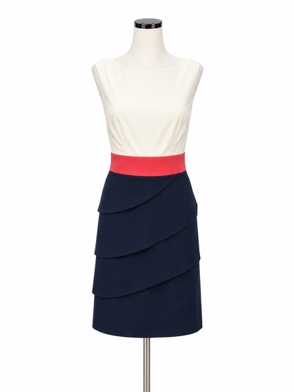 Connected Apparel white/pink/navy A-Line Tiered Colorblock Sheath Dress Navy Coral Ivory Size 12 - Size 12