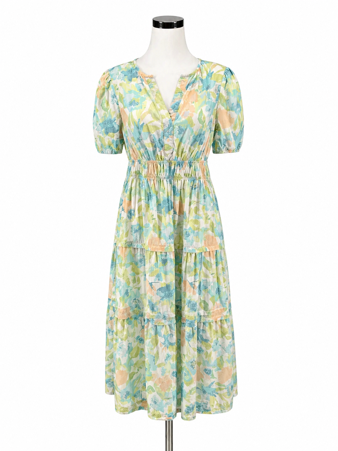 Casa Cabana white/peach/aqua Maxi Floral Print Tiered Midi Dress Size Medium - Size M