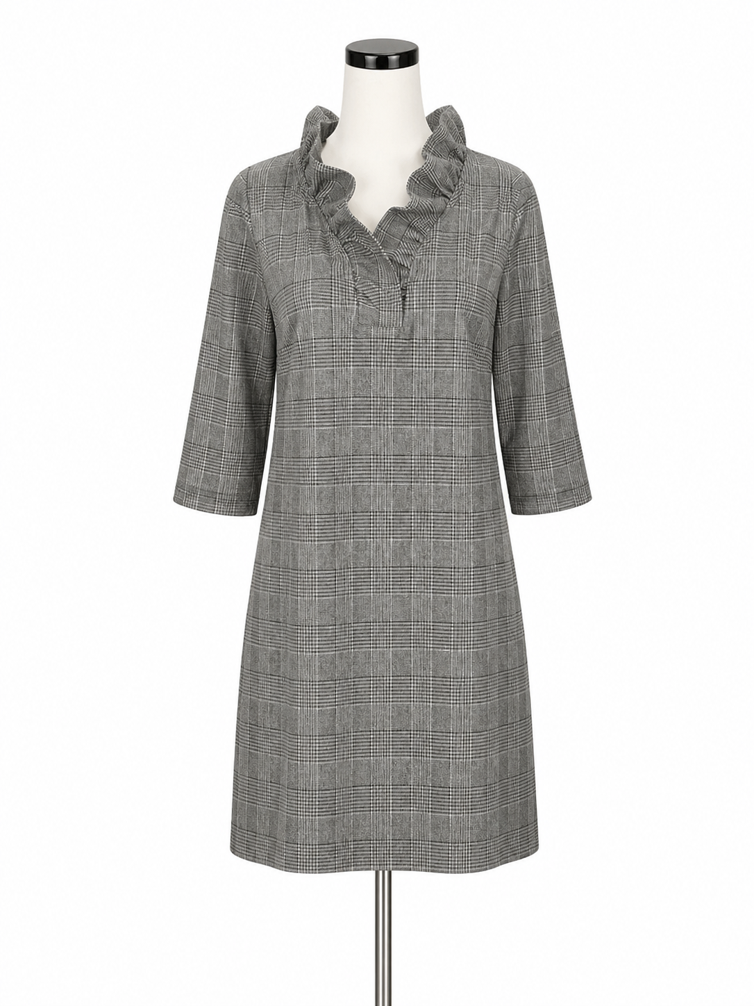 Gretchen Scott black/white Shift Glen Plaid Ruffle Neck Shift Dress Black White Size Medium - Size M