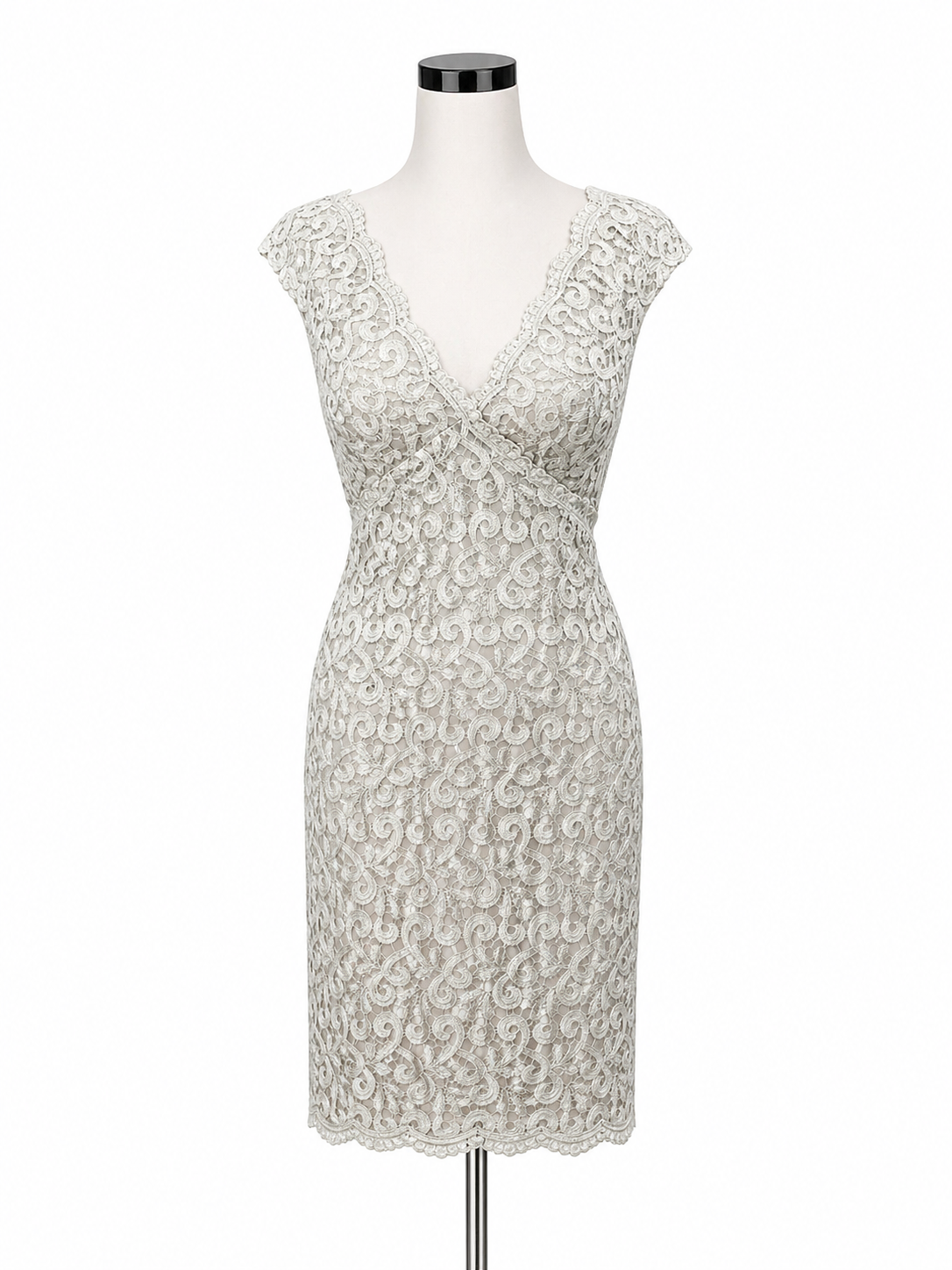 Marina NWT Metallic Lace Sheath Dress Silver Embroidered Cocktail Party Size 8
