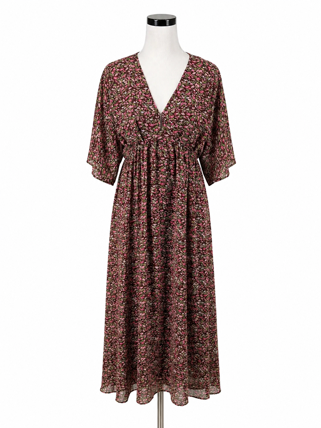 Entro Floral Flutter Sleeve Midi Dress Burgundy V-Neck Size Small