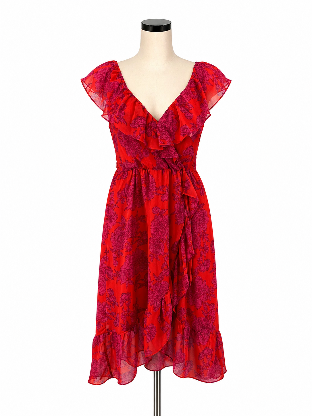 Ivy Rose Orange/Pink Maxi Floral Ruffle High-Low Wrap Maxi Dress Red Pink Size Large - Size L