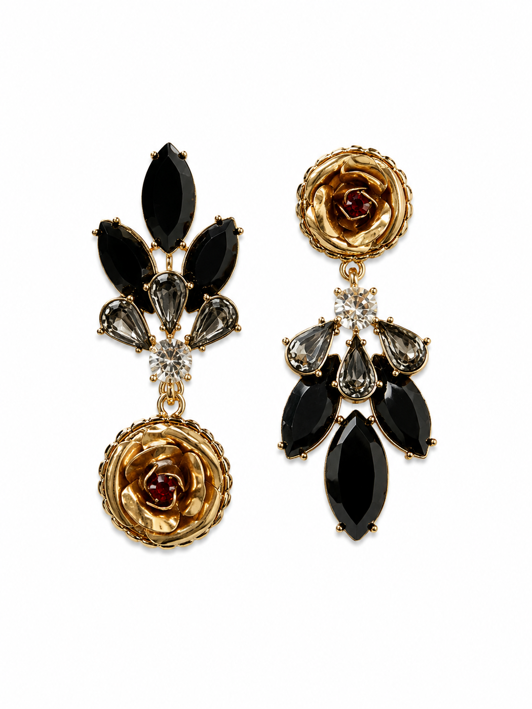 Black Crystal &amp; Gold-Tone Floral Statement Drop Earrings