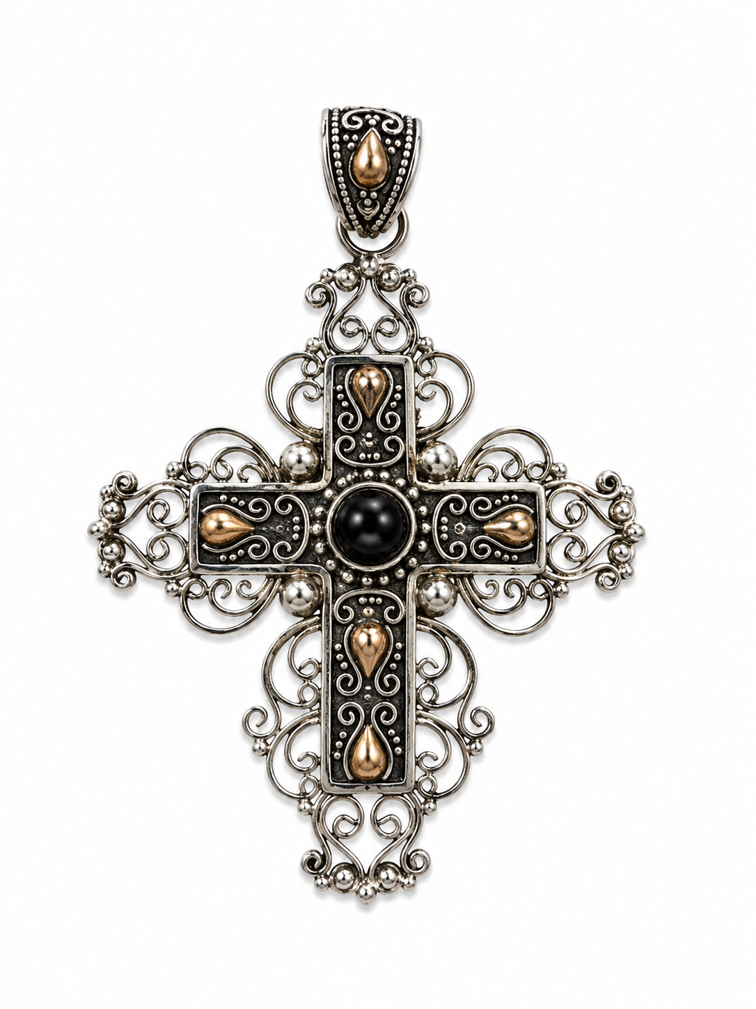 Silver-Tone Filigree Cross Pendant with Black Stone