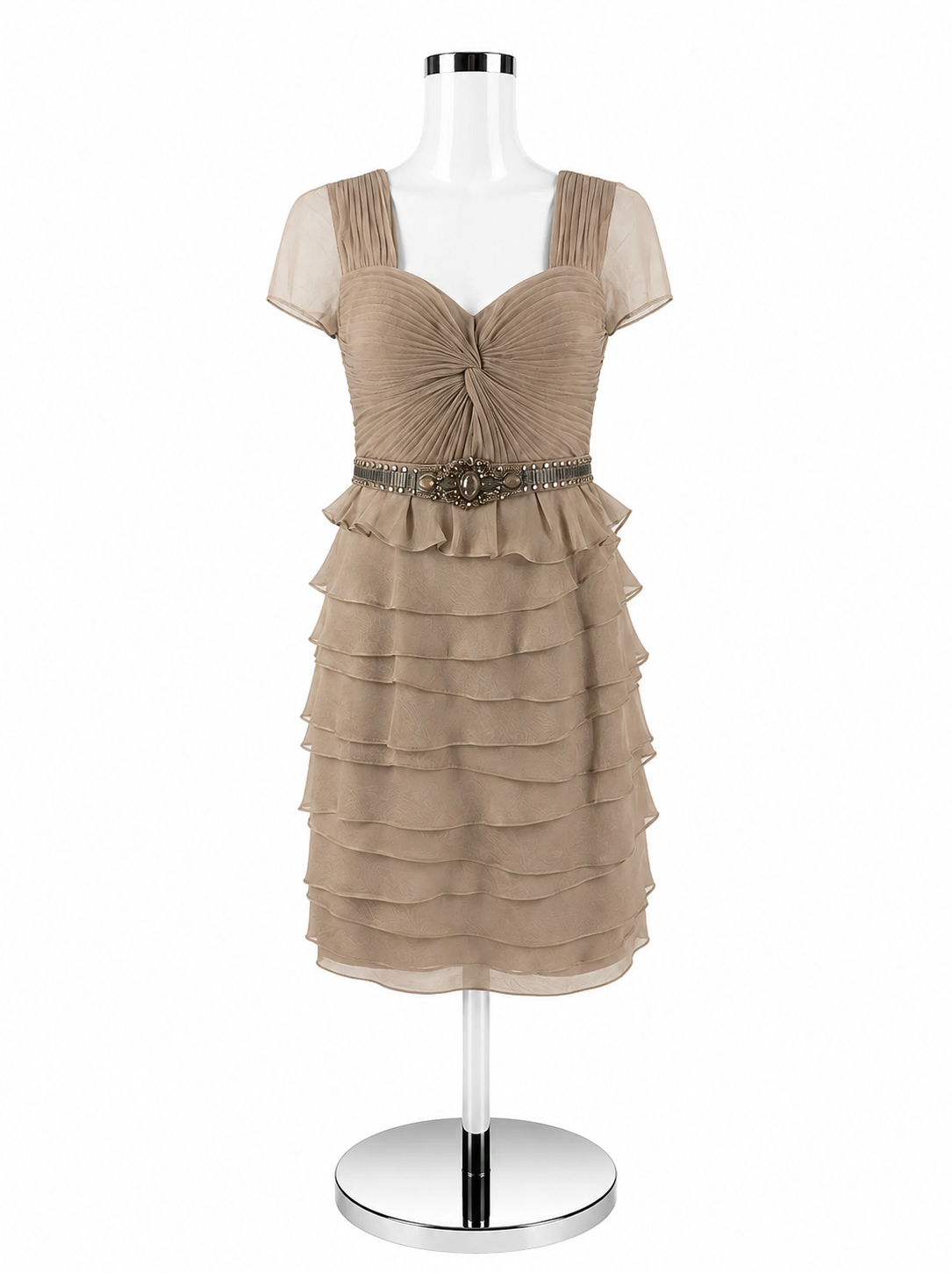Adrianna Papell Taupe Ruffle Pre-Owned Ladies Dress - Size 6 - ONLINE ONLY