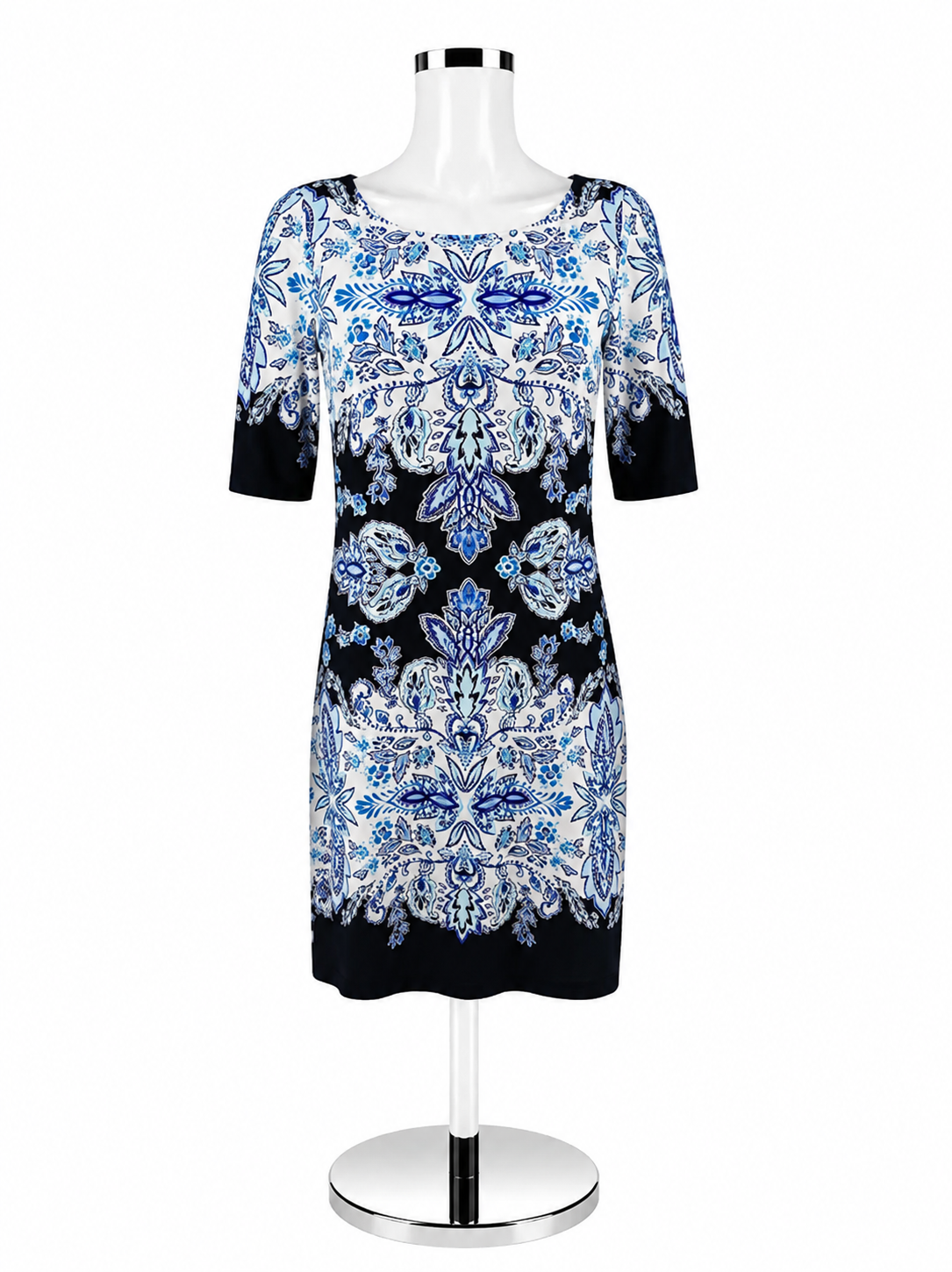 Eliza J Navy/White/Aqua Print Pre-Owned Dress Size 4 - ONLINE ONLY