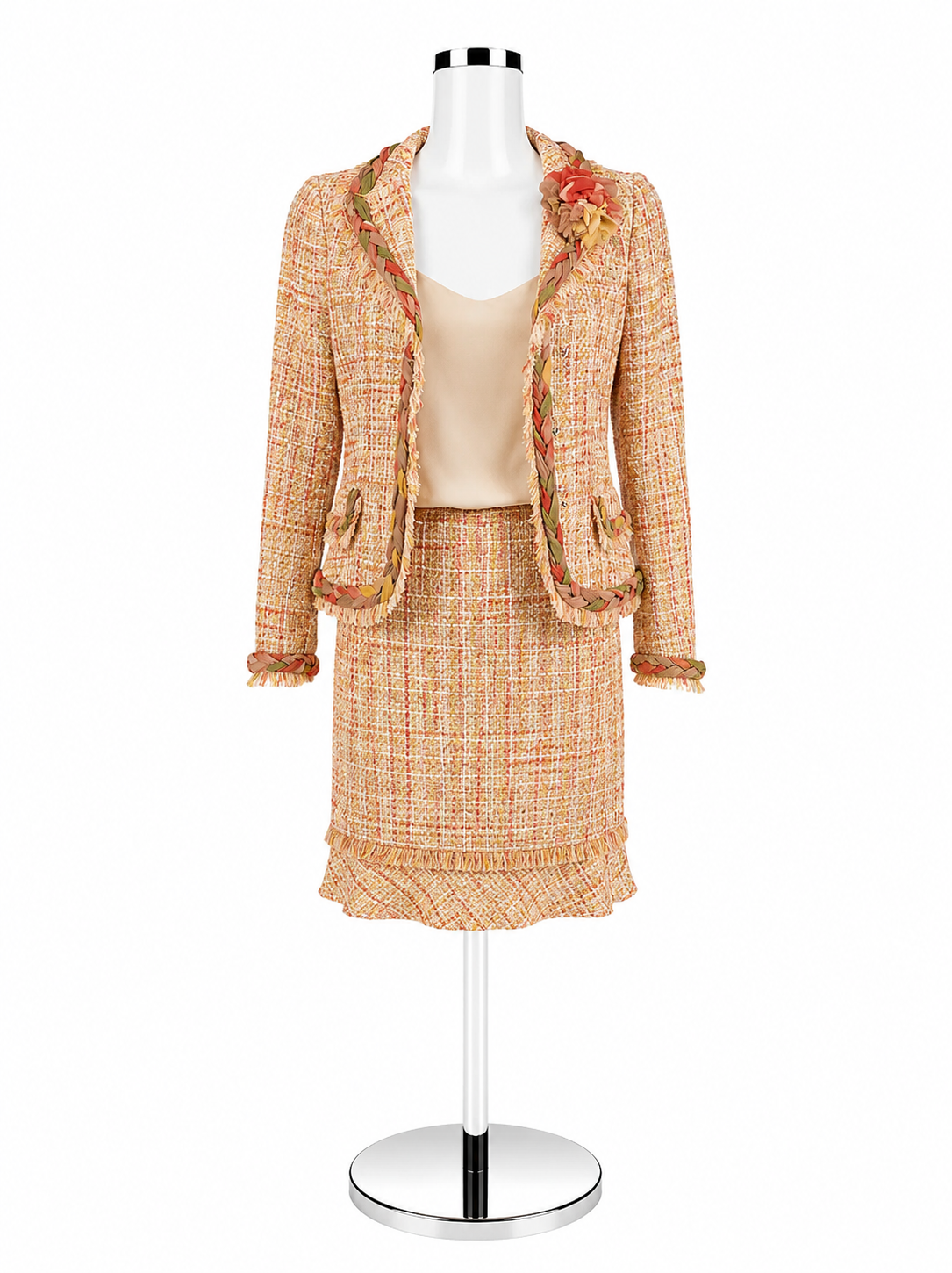 Teri Jon Orange/Green Tweed Pre-Owned Ladies 2 Piece Skirt Suit - Size 2 - ONLINE ONLY