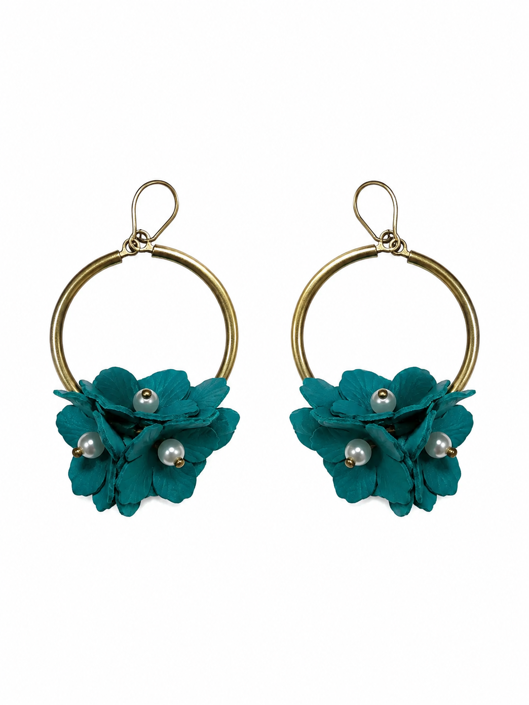 Teal Floral Pearl Gold-Tone Hoop Drop Earrings