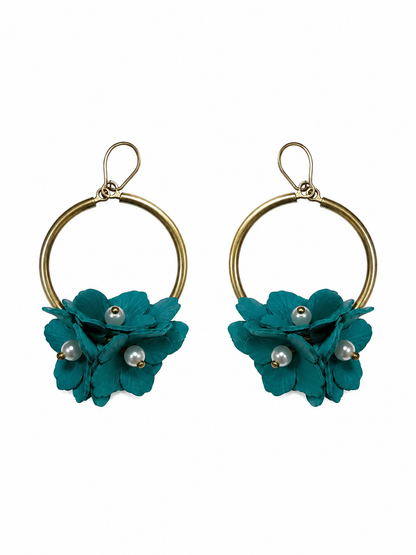 Teal Floral Pearl Gold-Tone Hoop Drop Earrings