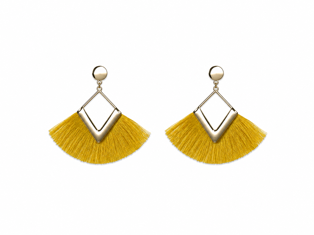 Mustard Yellow Fringe Geometric Statement Earrings