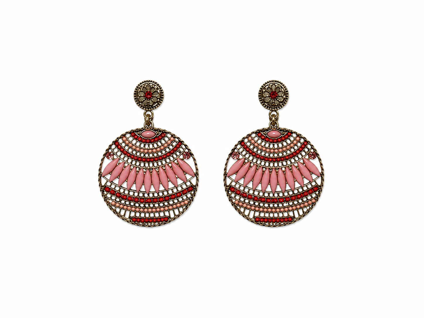 Pink &amp; Red Beaded Filigree Statement Drop Earrings