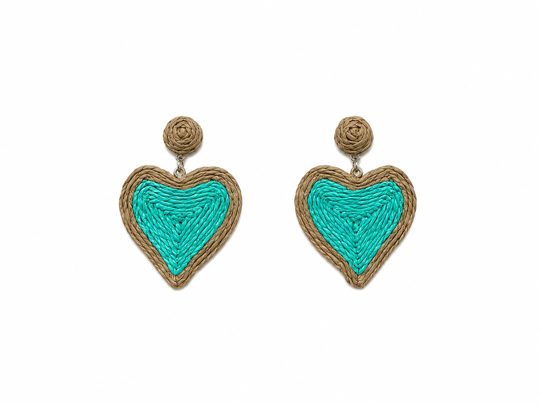 Peanuts Garments Raffia Heart Statement Earrings Turquoise &amp; Tan