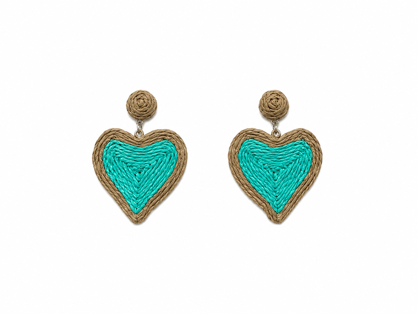 Turquoise &amp; Natural Raffia Heart Statement Earrings