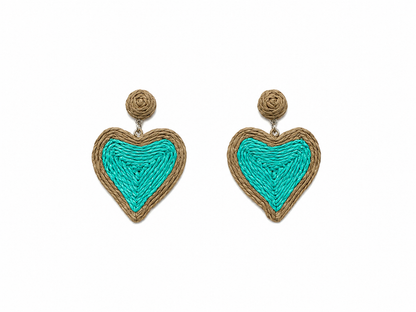Turquoise &amp; Natural Raffia Heart Statement Earrings