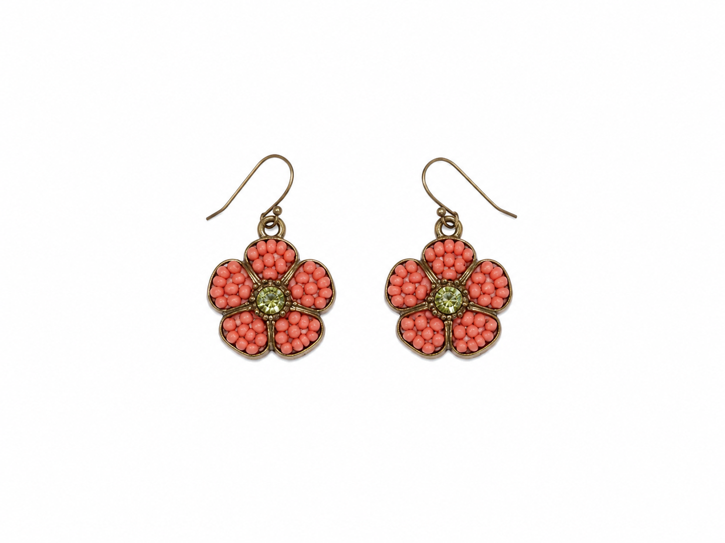 Coral Pink Beaded Floral Drop Earrings