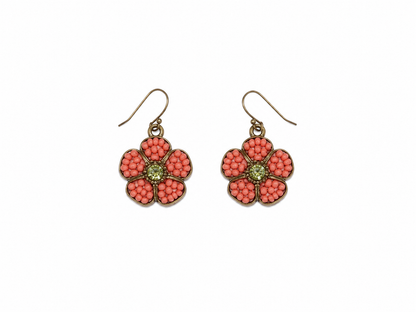 Coral Pink Beaded Floral Drop Earrings