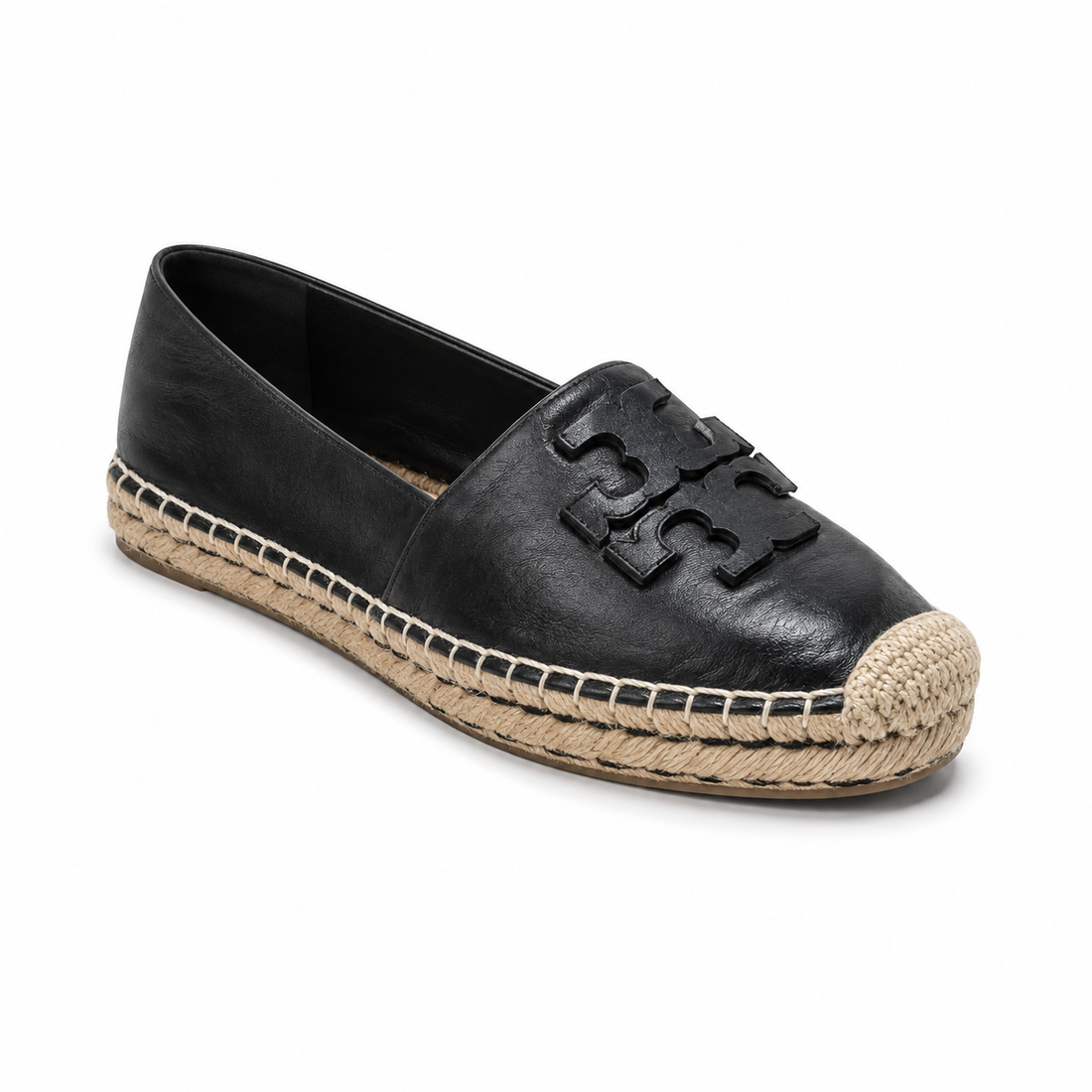 Tory Burch Ines Black Leather Double T Logo Espadrille Flats Size 9