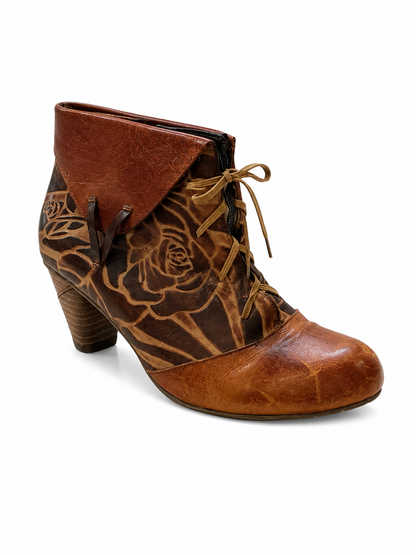 A.S.98 Floral Laser Etched Leather Ankle Boots Brown Lace Up Side Zip EU 37