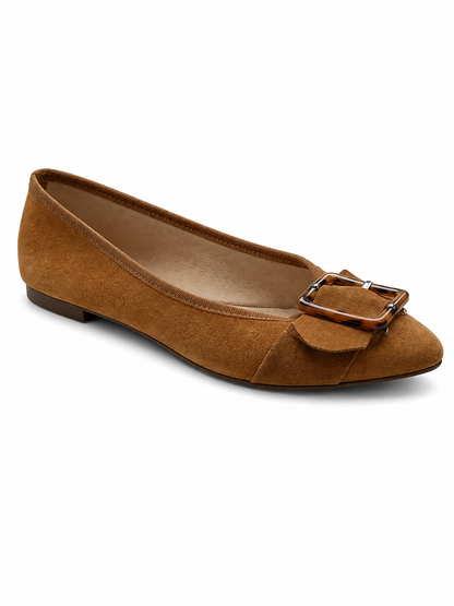 Aquazzura Mondaine Suede Pointed Toe Flats Tortoiseshell Buckle Brown EU 40