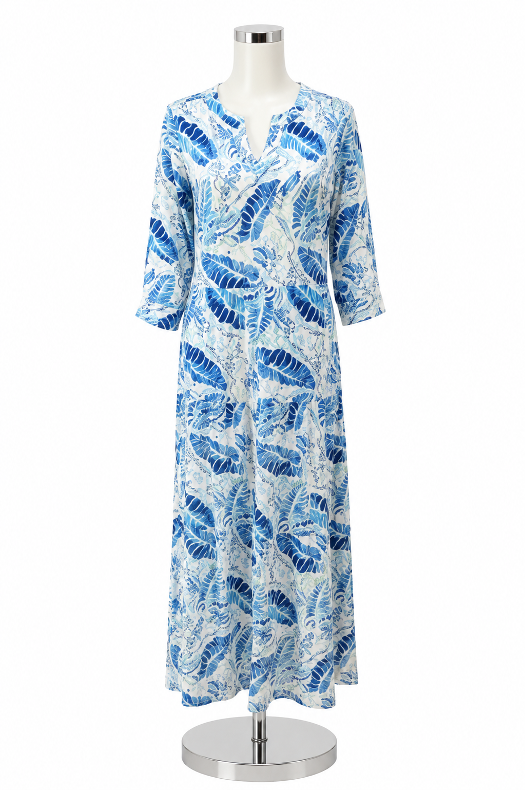 Tango Mango Blue Leaf Print Tiered Shirt Dress Petite Small - ONLY ONLINE
