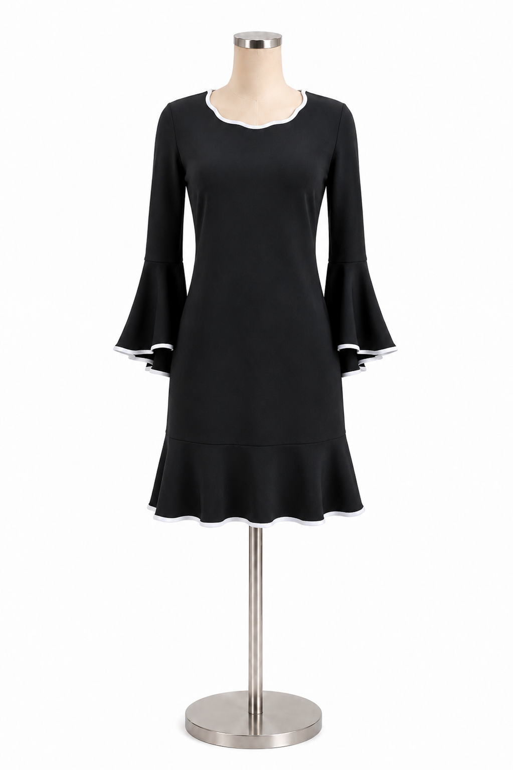 MICHAEL Michael Kors Black White Trim Bell Sleeve Ruffle Hem Dress Size Medium- ONLINE ONLY