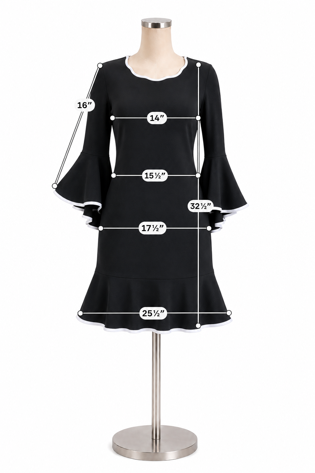MICHAEL Michael Kors Black White Trim Bell Sleeve Ruffle Hem Dress Size Medium- ONLINE ONLY