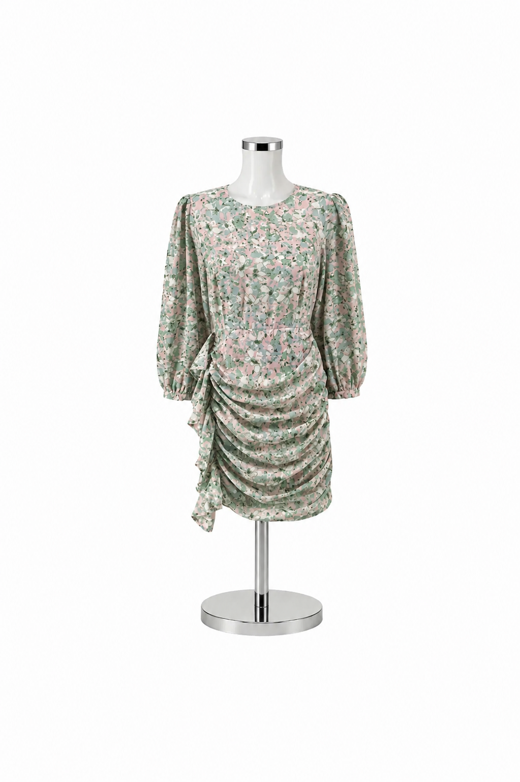 Entro Floral Asymmetrical Ruched Mini Dress Pink Green Size Small - ONLINE ONLY