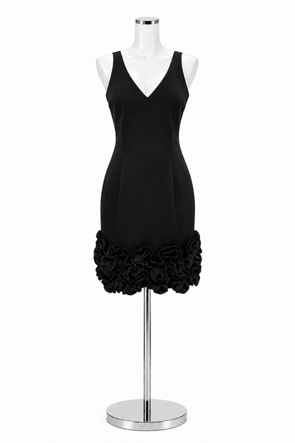 Donna Ricco Black V-Neck Rosette Ruffle Hem Sheath Dress Size 8 - ONLINE ONLY