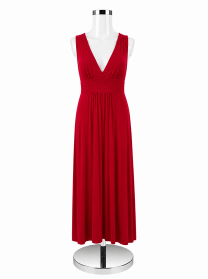 Loveappella Red V-Neck Empire Waist Maxi Dress | Size Petite Medium | Pre-Owned - ONLINE ONLY