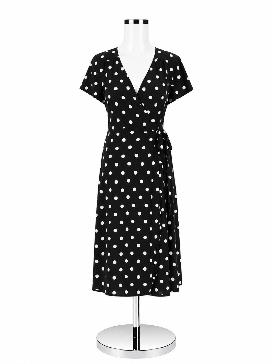 Leith Black &amp; White Polka Dot Faux Wrap Midi Dress Size Medium - ONLINE ONLY