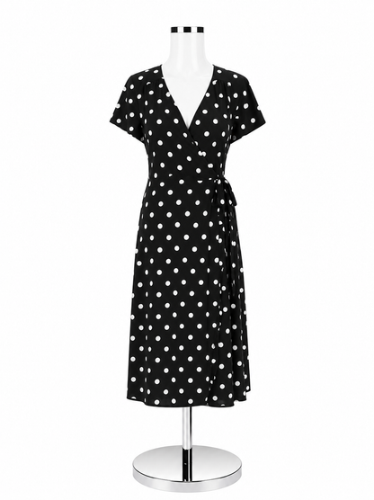 Leith Black &amp; White Polka Dot Faux Wrap Midi Dress Size Medium - ONLINE ONLY
