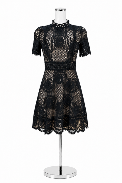 BB Dakota Chevis Black Floral Embroidered Short Sleeve Mini Dress Size 8 - ONLINE ONLY