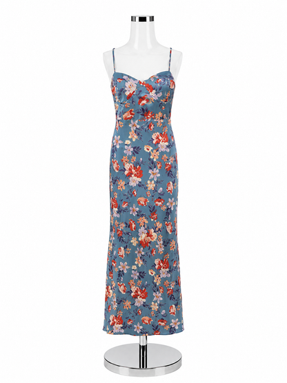 Lulus Still the One Floral Satin Maxi Dress XL Blue Red Pre-Owned - ONLINE ONLY