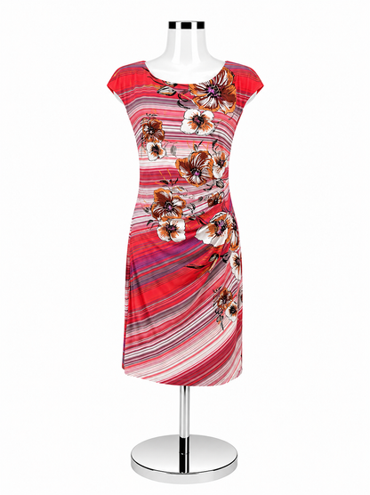 Anne Klein Coral Floral Ombre Ruched Sheath Dress Cap Sleeve Size 10