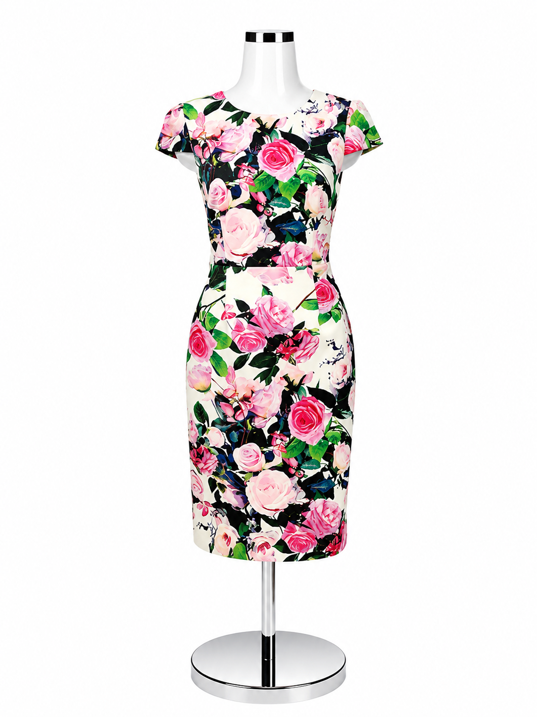 Betsey Johnson Floral Scuba Sheath Midi Dress Pink &amp;amp; Blue Rose Print Size 8