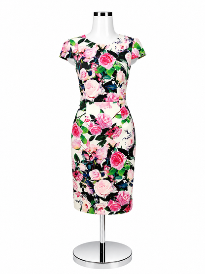 Betsey Johnson Floral Scuba Sheath Midi Dress Pink &amp;amp; Blue Rose Print Size 8