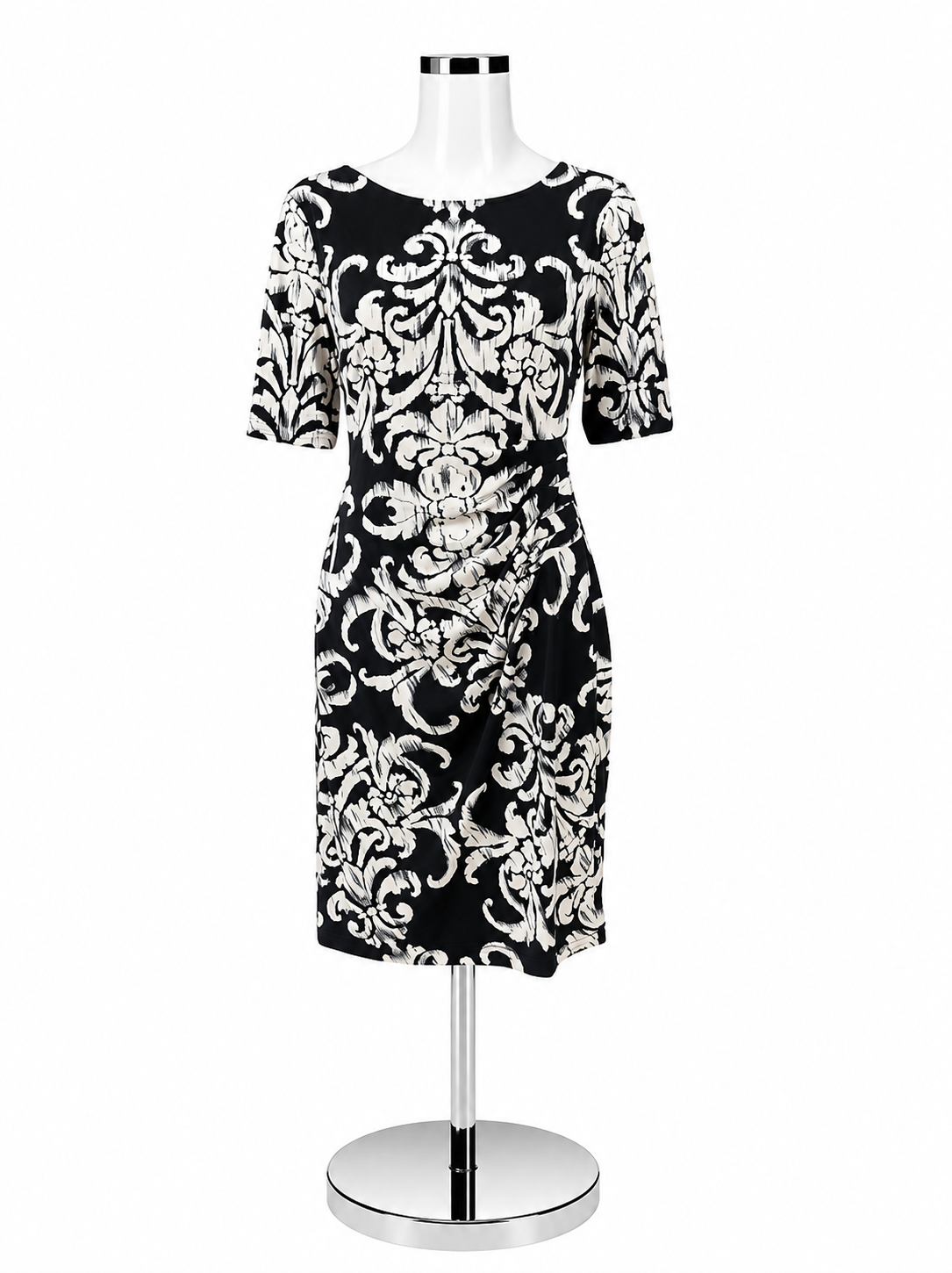 Connected Apparel Margaret Ruched Sheath Dress Navy Baroque Print Size 8