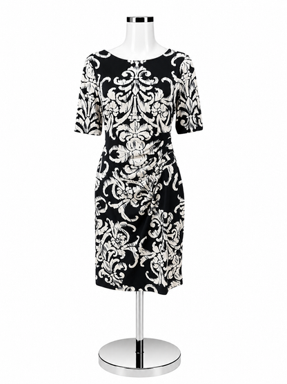 Connected Apparel Margaret Ruched Sheath Dress Navy Baroque Print Size 8