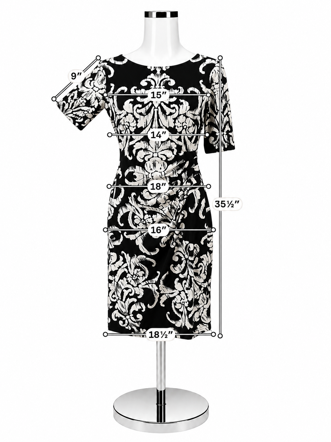 Connected Apparel Margaret Ruched Sheath Dress Navy Baroque Print Size 8