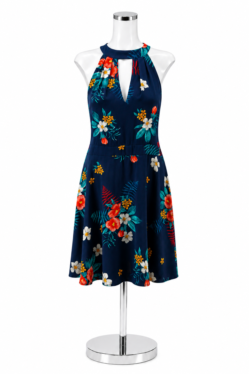 Express Floral Halter Keyhole Fit &amp; Flare Dress Navy Teal Orange Size 14