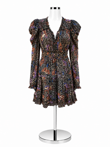 Ulla Johnson Ambre Floral Ruffle Mini Dress Size 6 Rust Purple