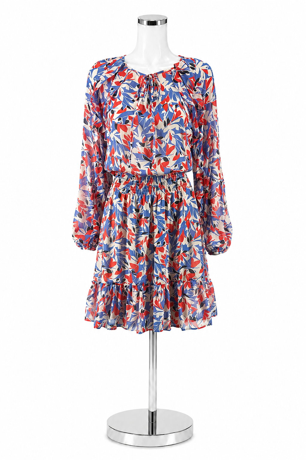 Lauren Ralph Lauren Red &amp;amp; Blue Floral Long Sleeve A-Line Dress Size 12