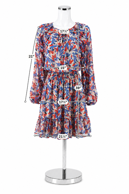 Lauren Ralph Lauren Red &amp;amp; Blue Floral Long Sleeve A-Line Dress Size 12
