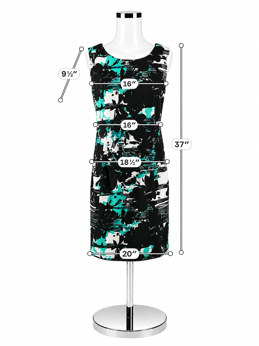 Connected Apparel Floral Sheath Dress Black White Teal Size 12