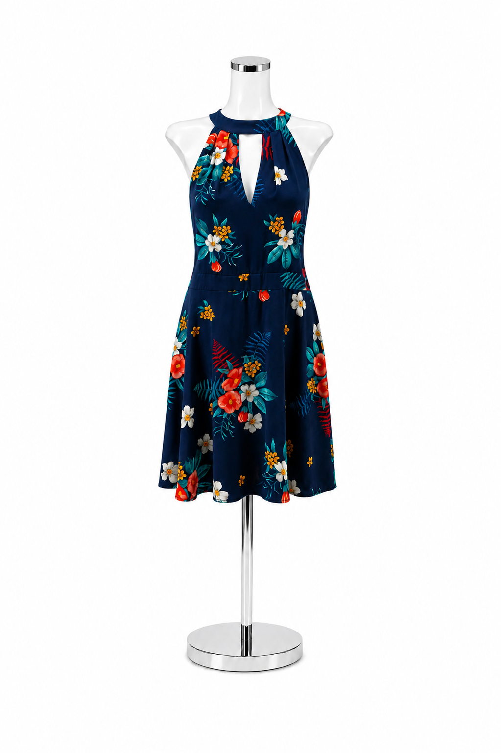 Express Floral Halter Keyhole Fit &amp; Flare Dress Navy Teal Orange Size 14
