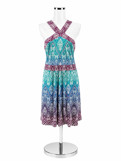 Wisp Ikat Print Dress Size 12 Aqua Purple Empire Waist X-Back Sleeveless