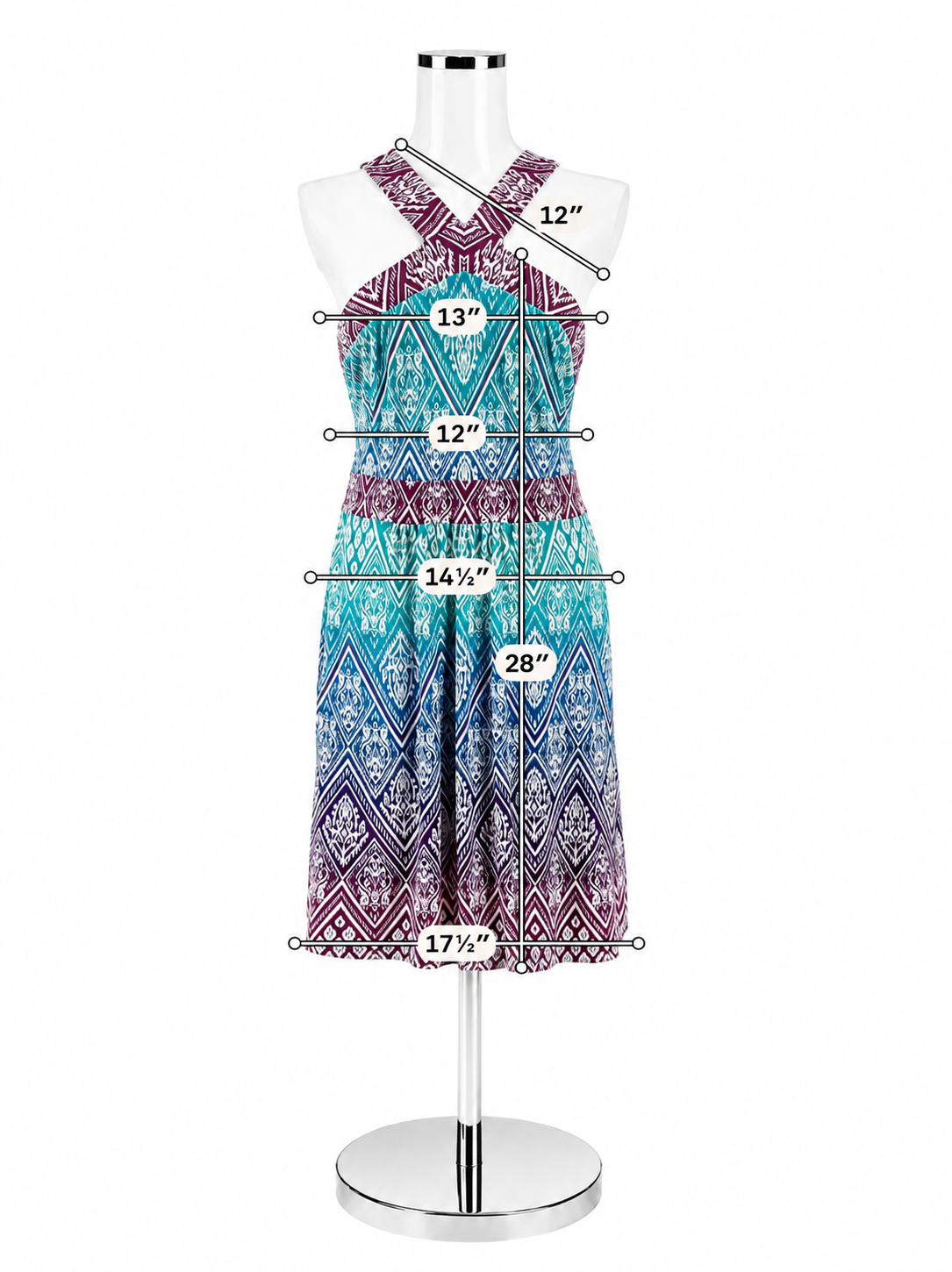 Wisp Ikat Print Dress Size 12 Aqua Purple Empire Waist X-Back Sleeveless